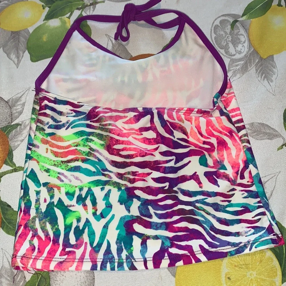 Xhilaration zebra rainbow halter tie tankini tip sz Y Medium EUC